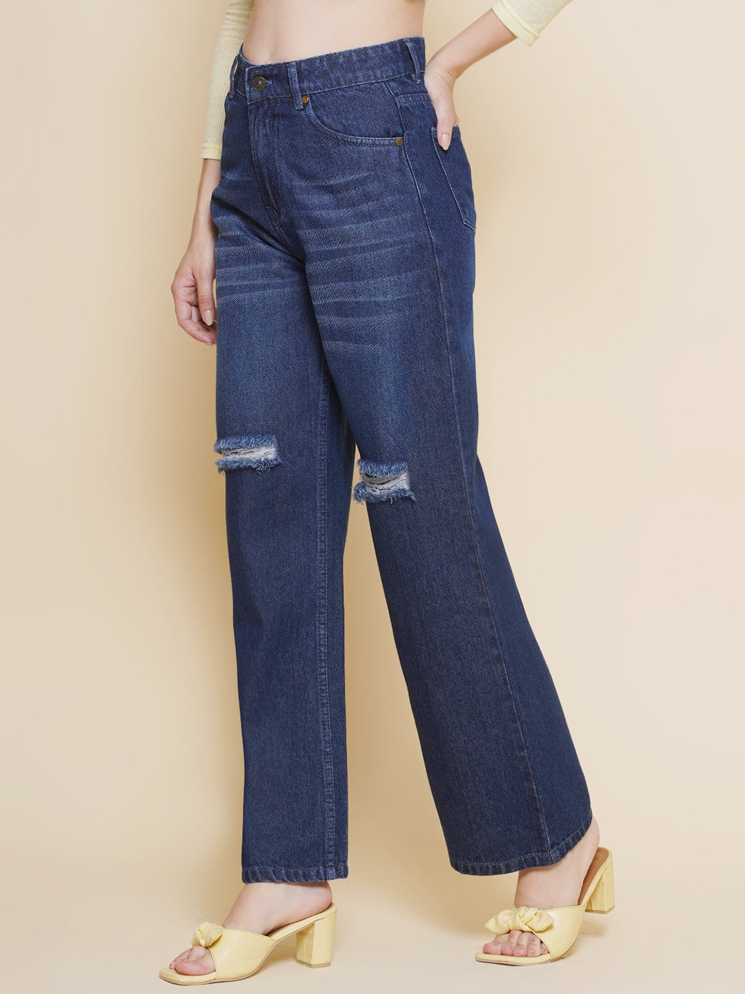 PUELLA Women’s Dark Blue Distressed Wide-Leg Jeans