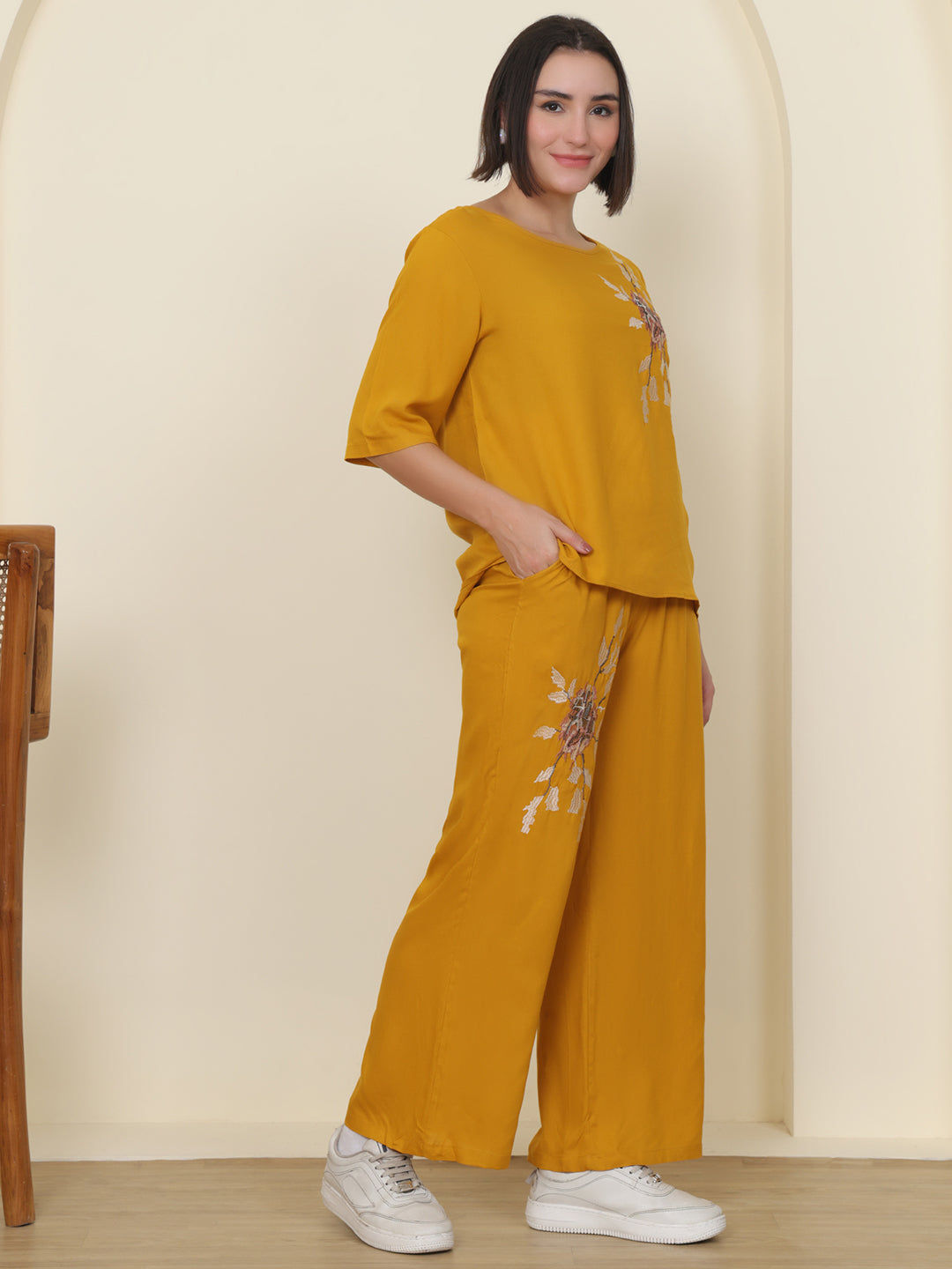 PUELLA Women Mustard Yellow Embroidered Pure Cotton Co-ord Set