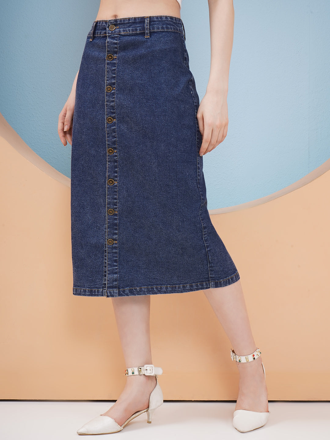 PUELLA Women’s Dark Blue Button-Down Denim Midi Skirt