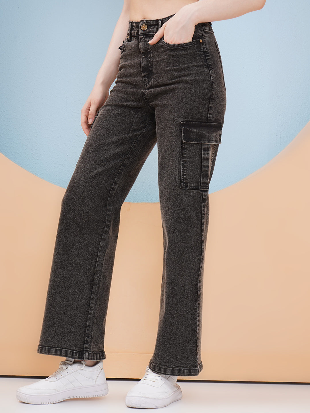 PUELLA Women Black Washed High-Rise Cargo Wide-Leg Jeans