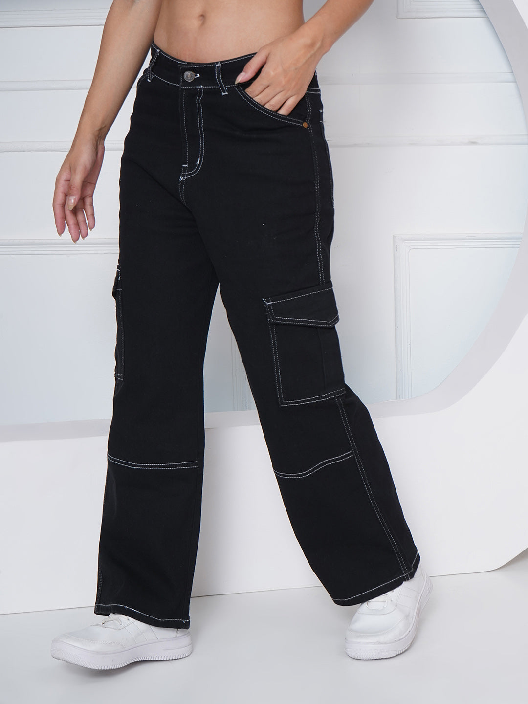 PUELLA Women Black Contrast Stitch Cargo Wide-Leg Jeans