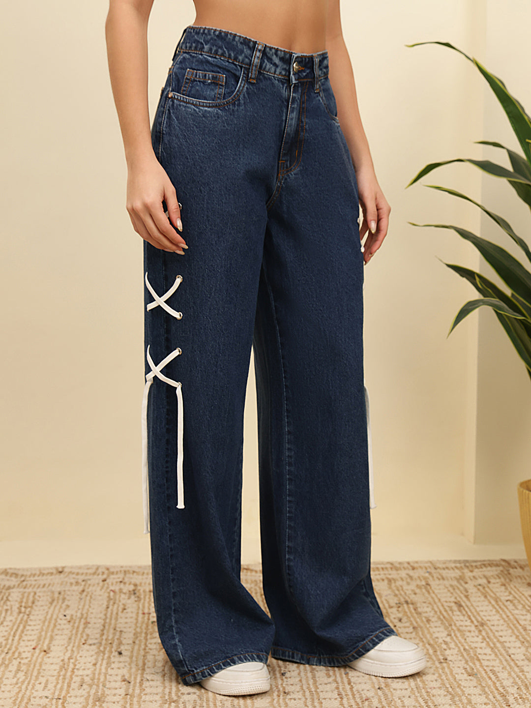 Women’s Dark Blue High-Rise Loose Fit Jeans with Side Lace-Up Detail