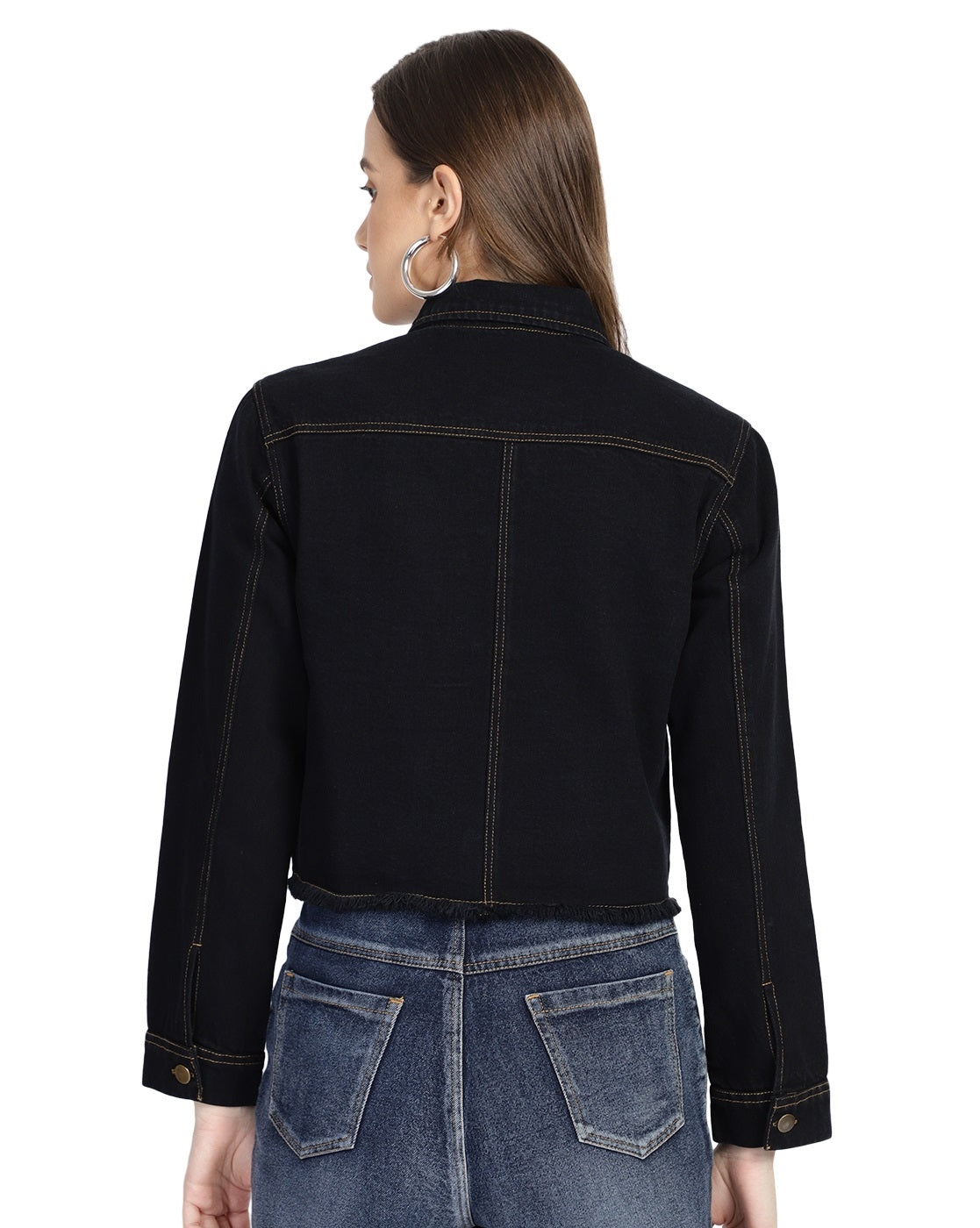PUELLA Women’s Black Cropped Denim Jacket with Distressed Detailing