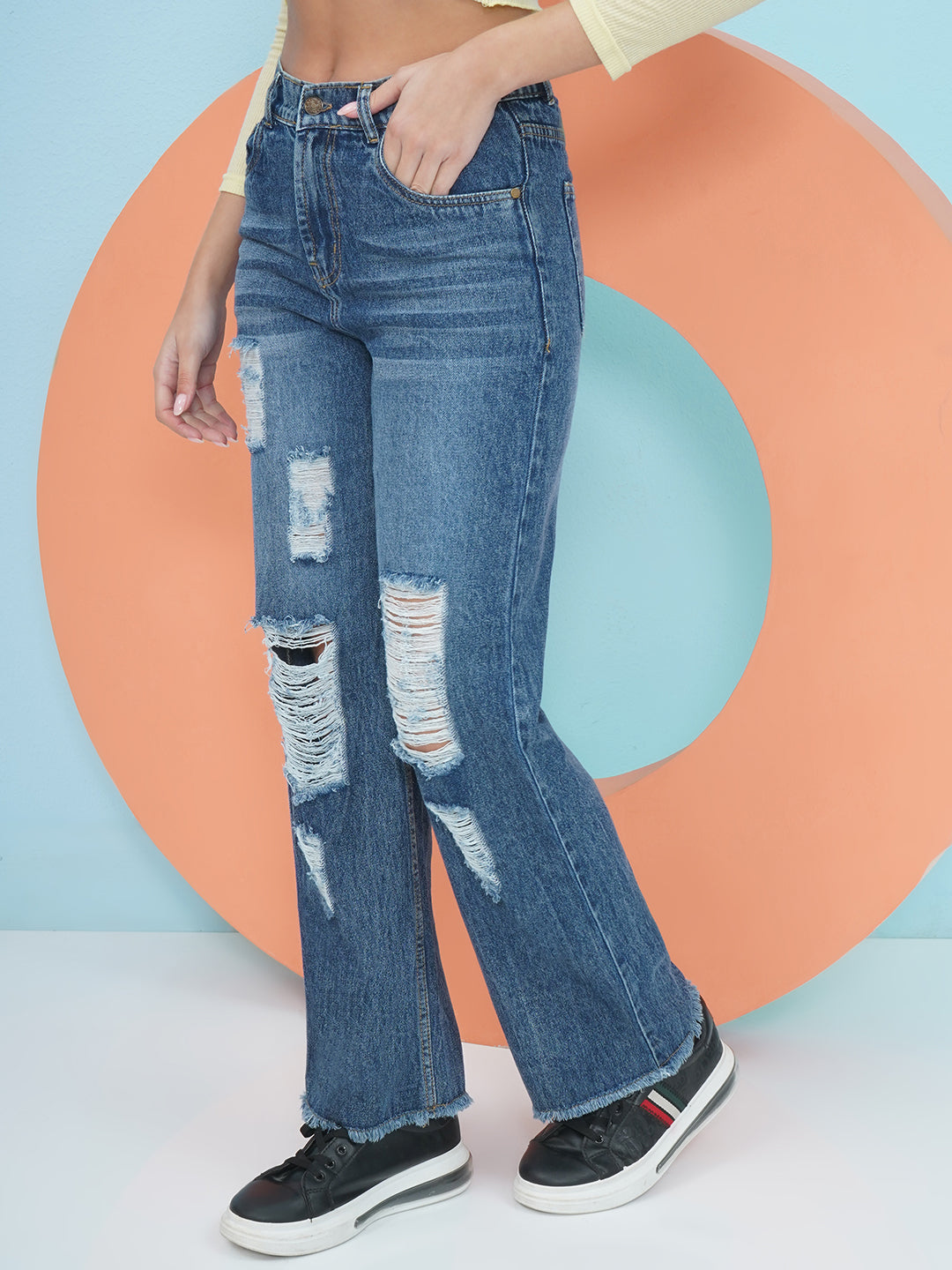 PUELLA Dark Blue High-Rise Highly Distressed Straight Fit Jeans