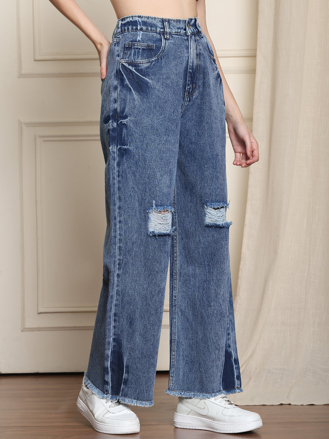 PUELLA Women High-Rise Elastic Waist Wide-Leg Jeans