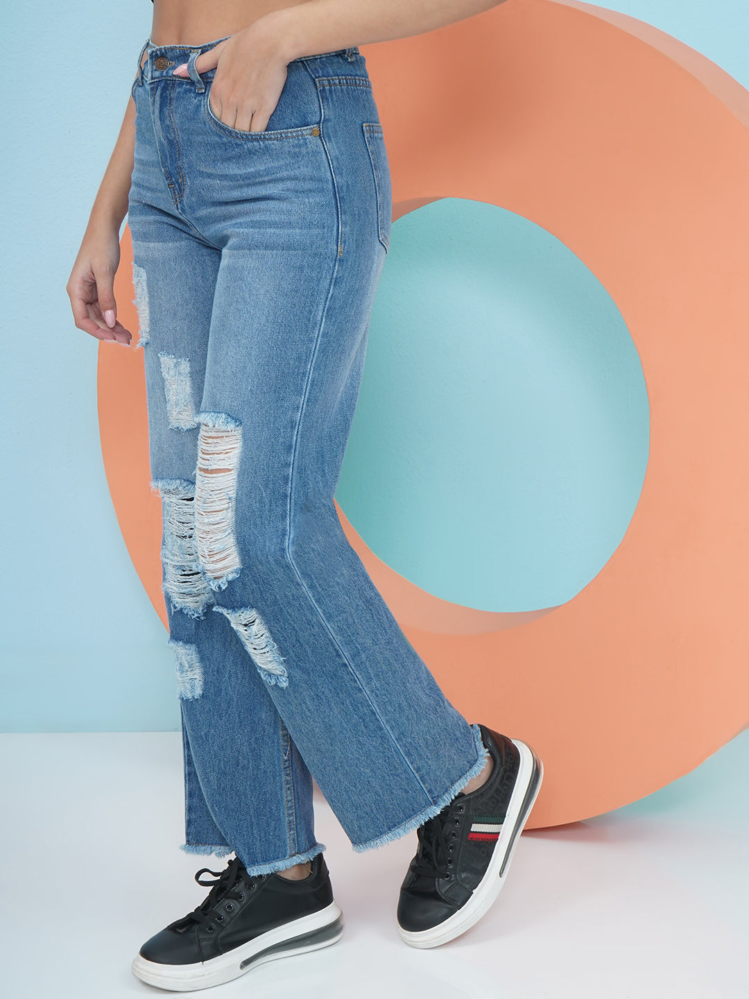 PUELLA Blue High-Rise Highly Distressed Straight Fit Jeans