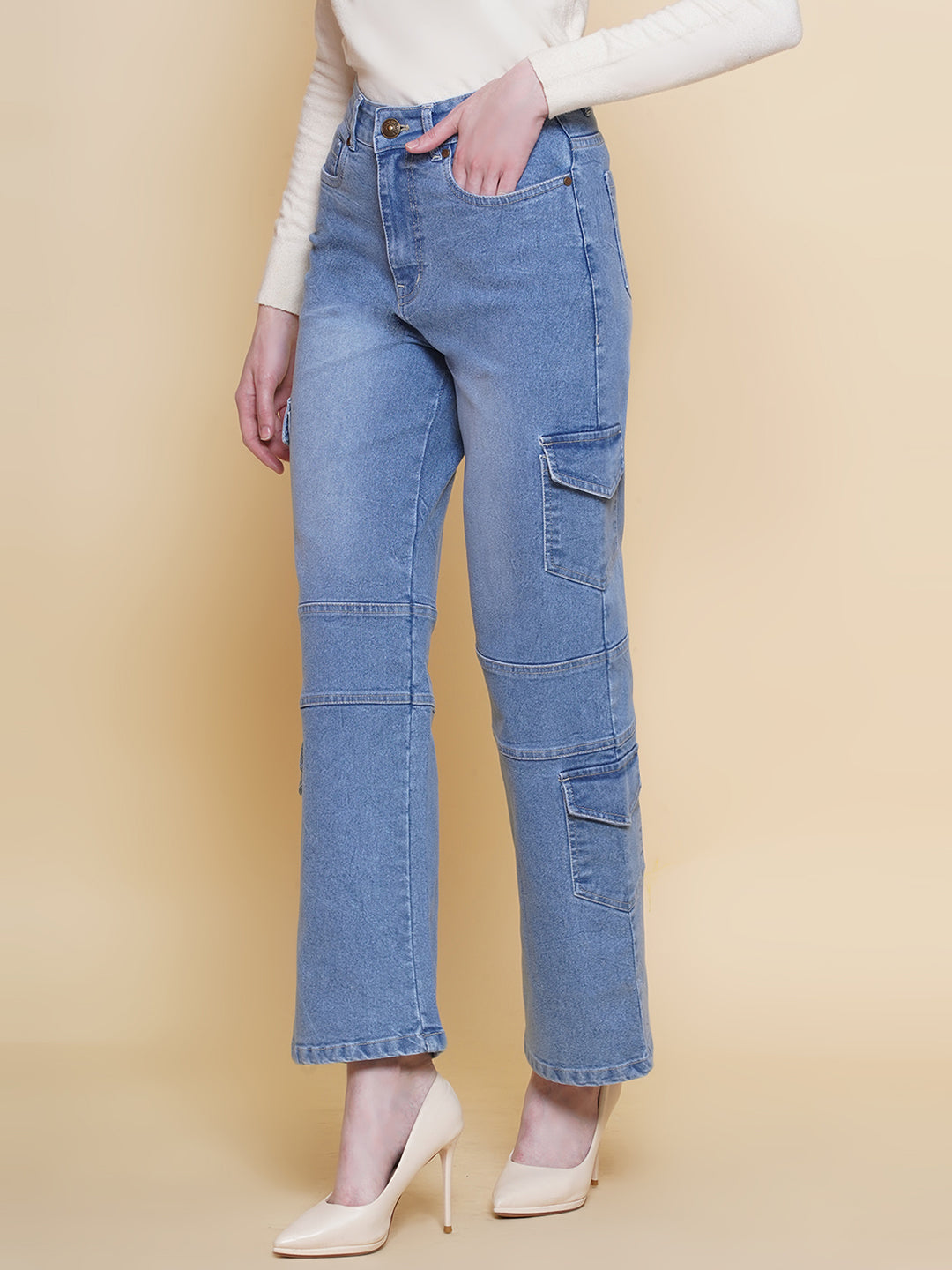 PUELLA Women Light Blue High-Rise Straight Cargo Jeans
