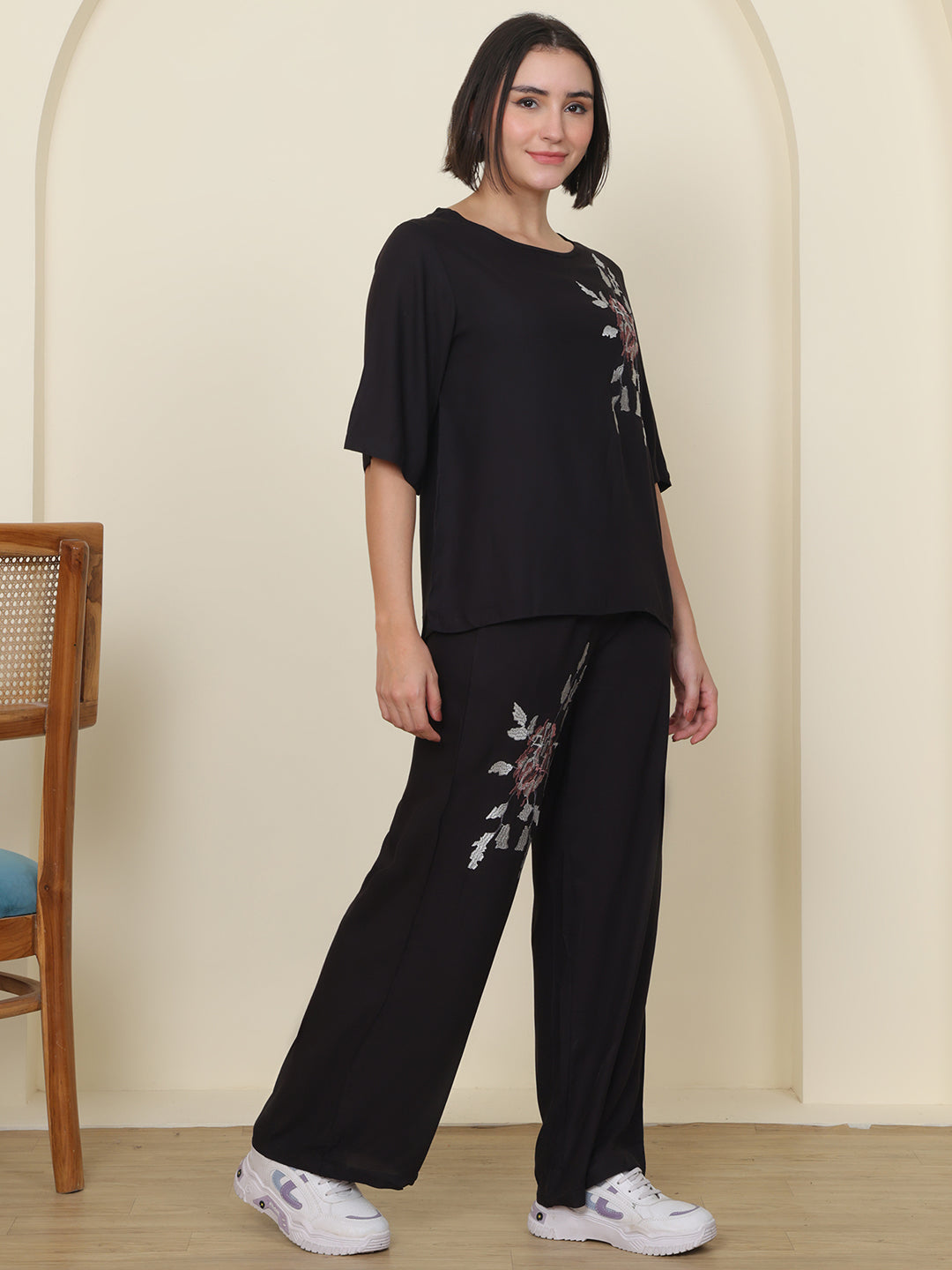 PUELLA Women Black Embroidered Pure Cotton Co-ord Set