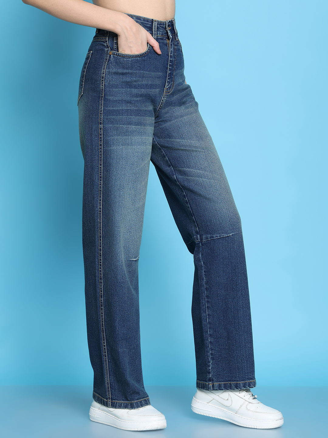 PUELLA Women High-Rise Dark Blue Washed Wide-Leg Jeans