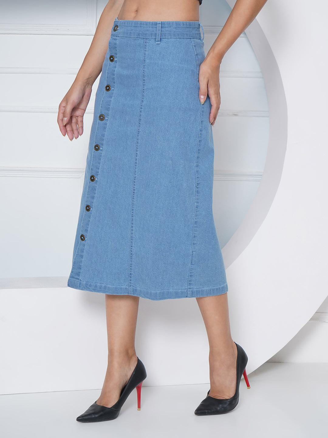 PUELLA Women’s Blue Button-Down Denim Midi Skirt