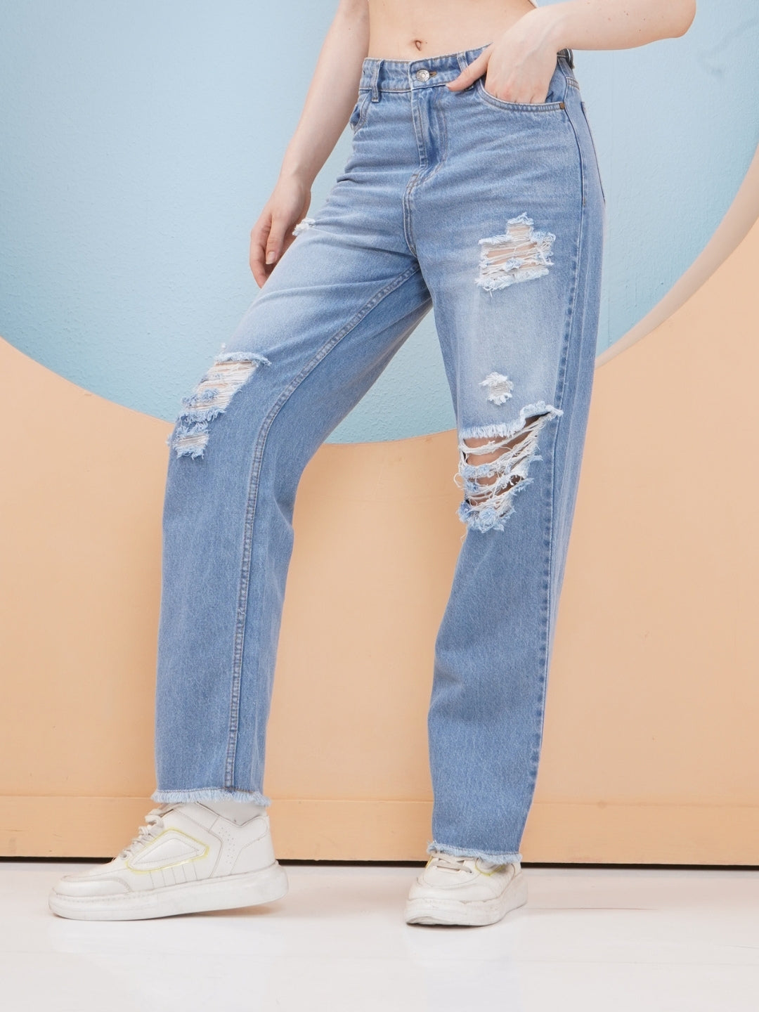 PUELLA Women Light Blue High-Rise Distressed Straight Fit Jeans