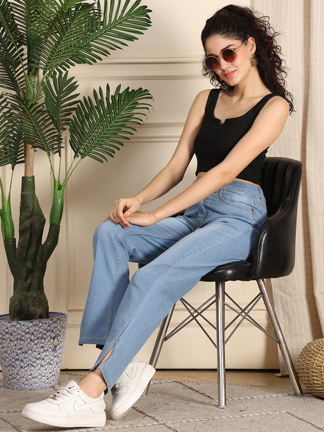 PUELLA Women High-Rise Light Blue Straight Fit Jeans with Side Slit