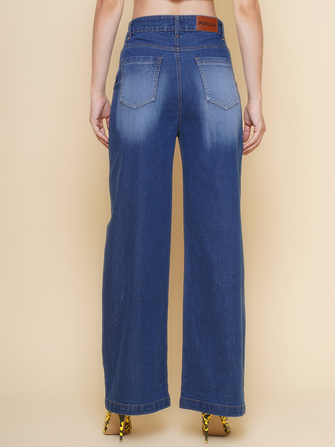 PUELLA Women’s Mid-Blue High-Rise Wide-Leg Jeans