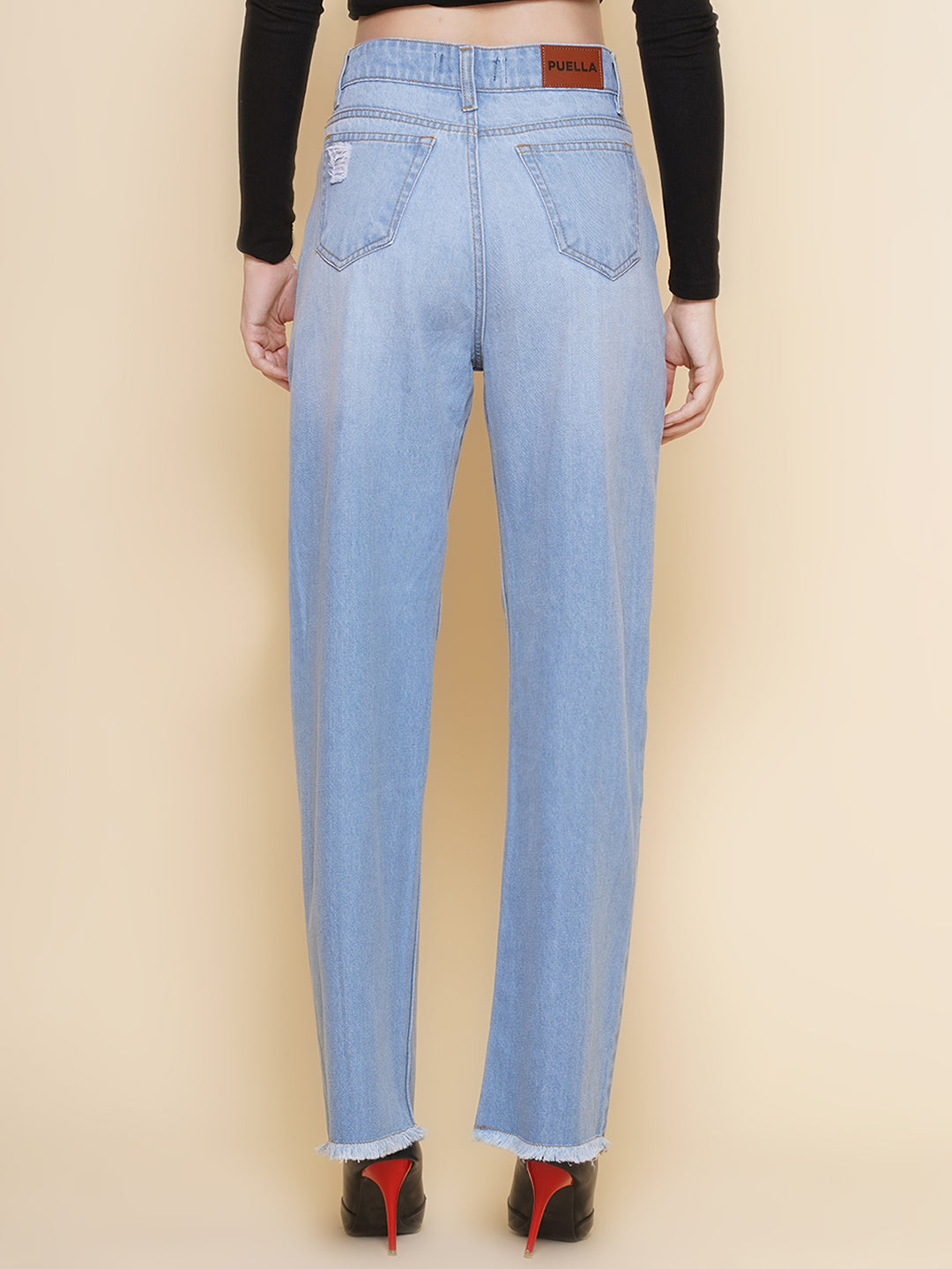 PUELLA Women’s Light Blue Distressed Wide-Leg Jeans