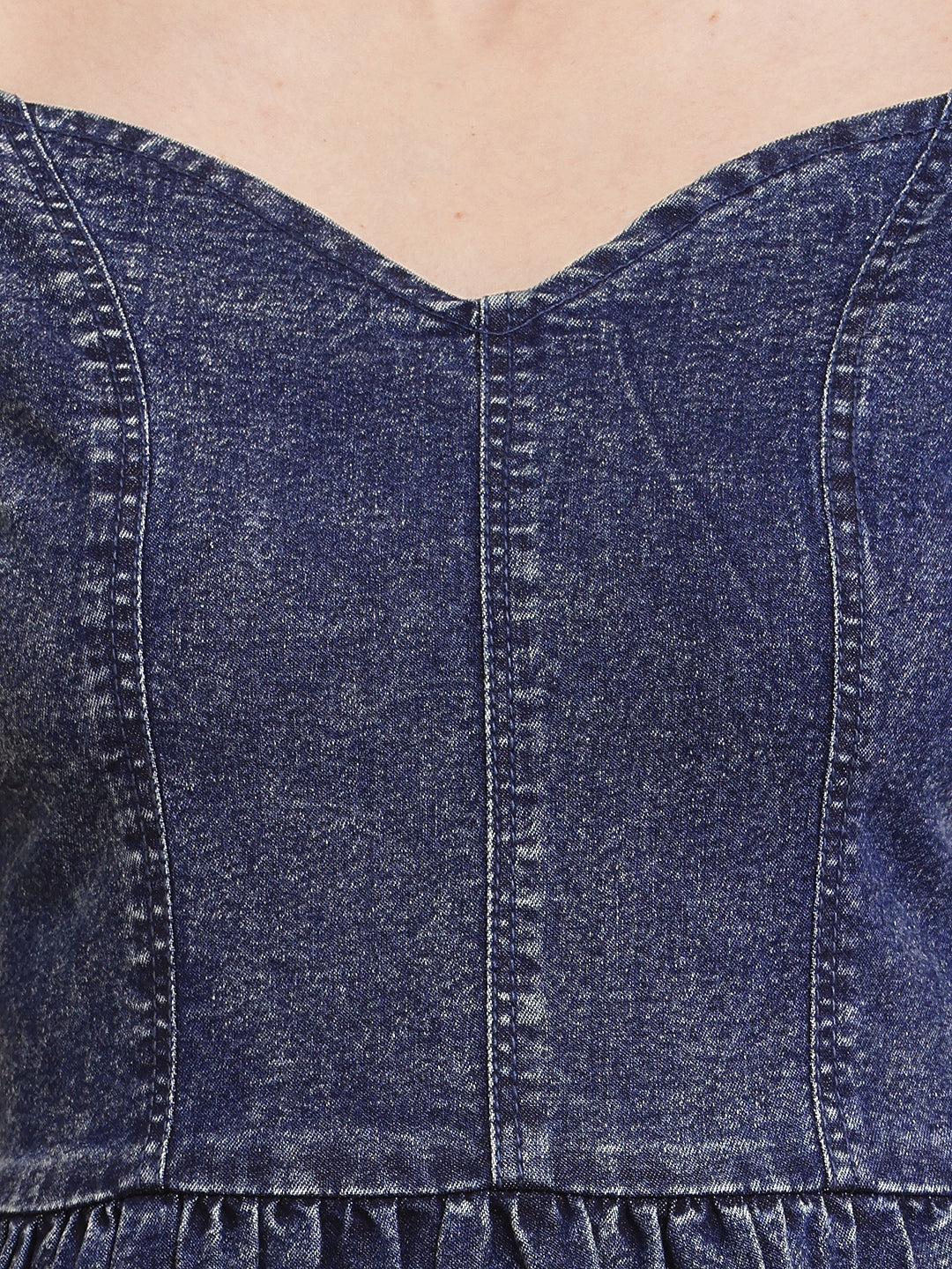 PUELLA Women Blue Solid Denim Sweetheart Neck Mini Dress