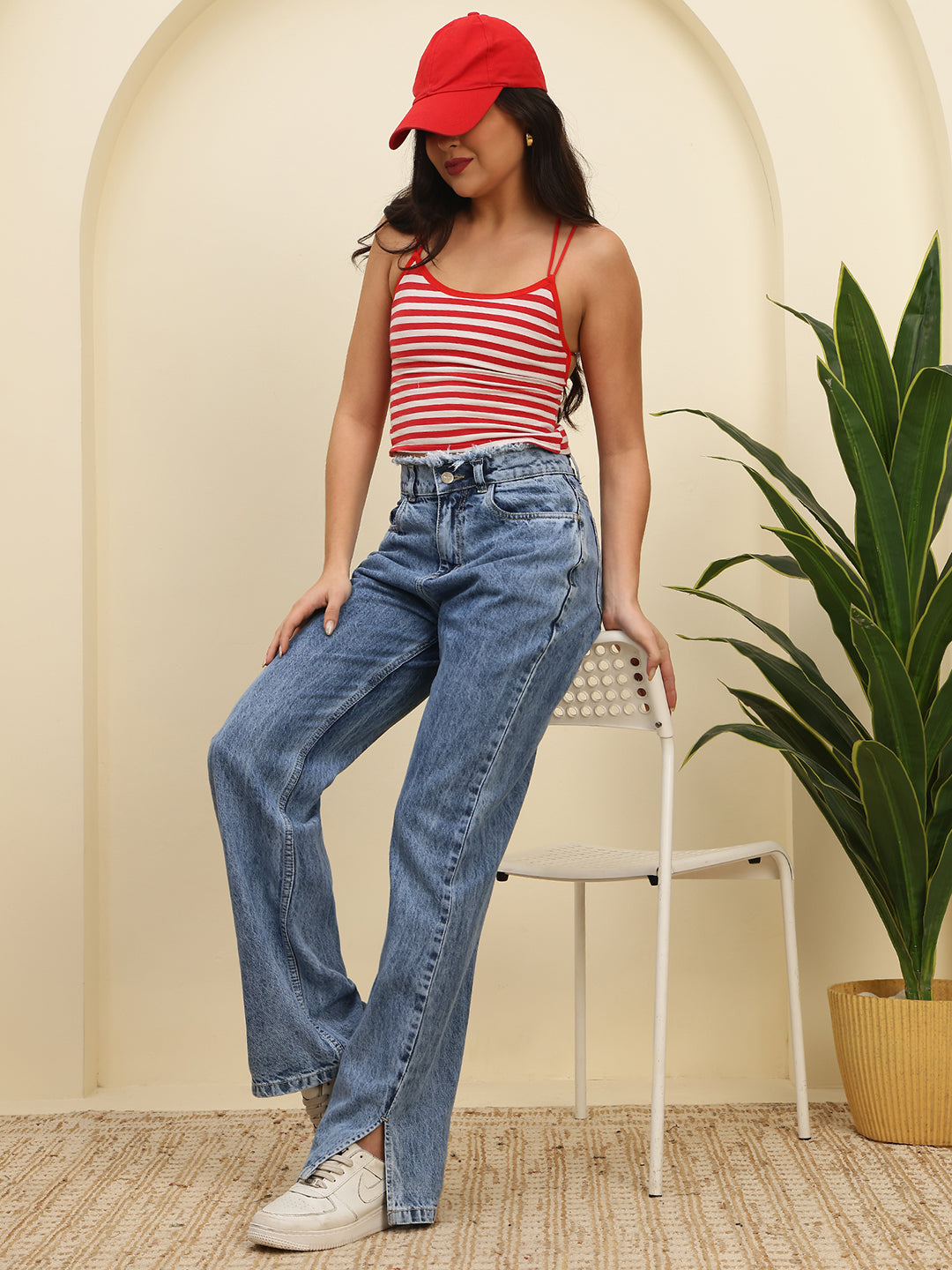 Women’s Blue High-Rise Straight Fit Jeans with Raw Edge Waist and Front Slit