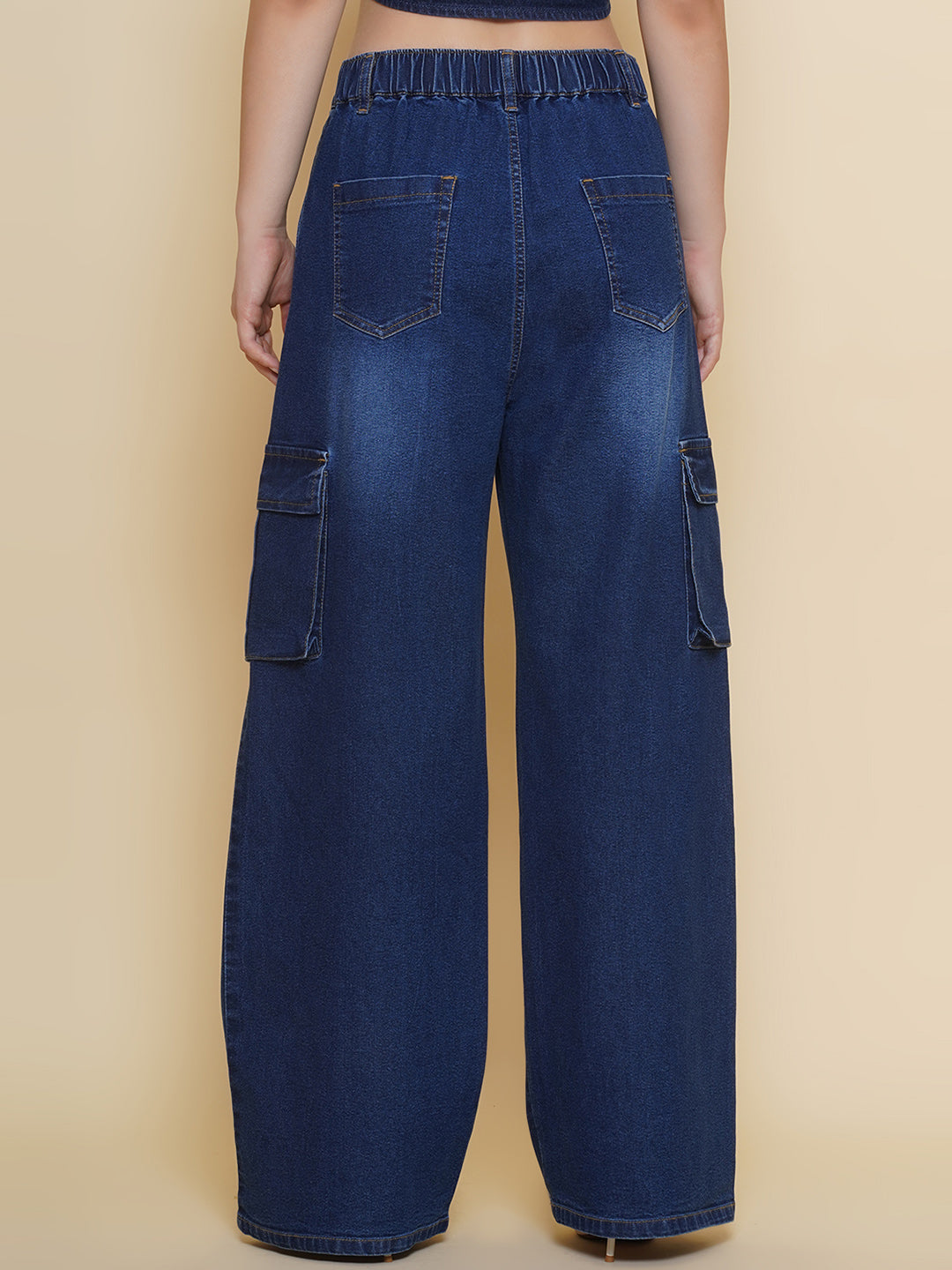 PUELLA Women Dark Blue High-Rise Wide-Leg Cargo Jeans