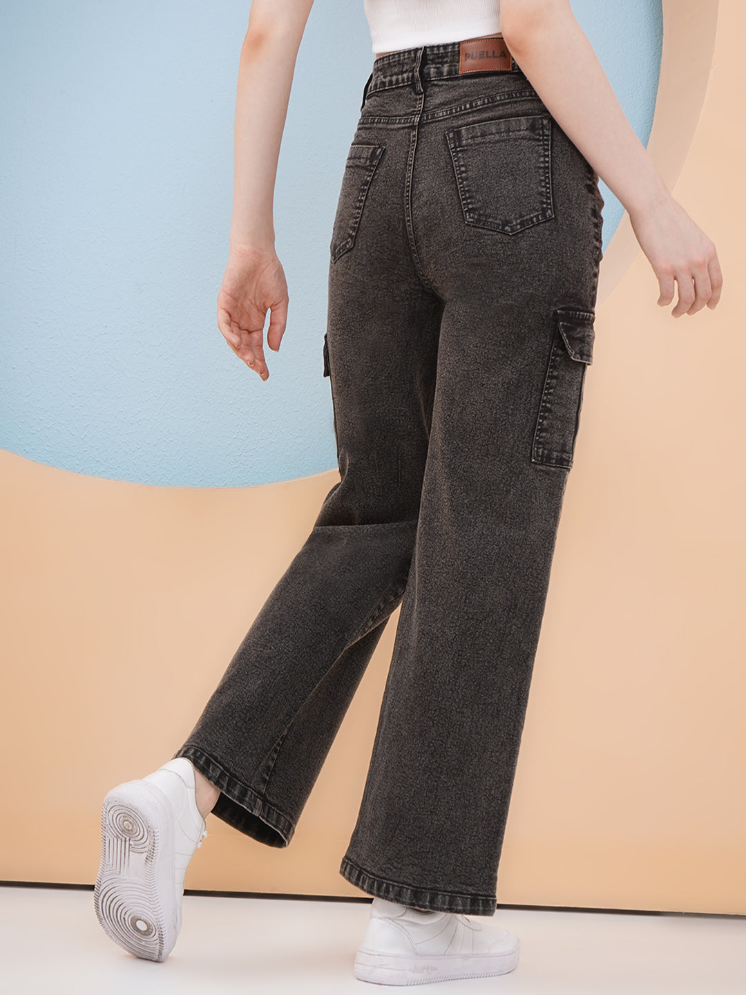 PUELLA Women Black Washed High-Rise Cargo Wide-Leg Jeans