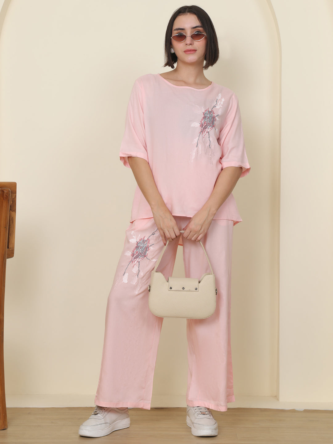 PUELLA Women Blush Pink Embroidered Pure Cotton Co-ord Set