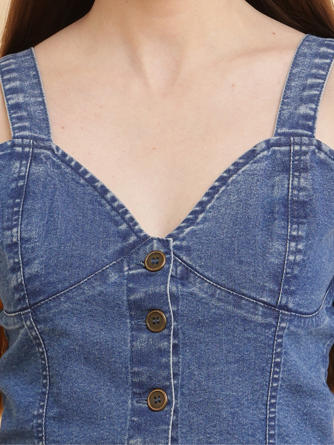 PUELLA Women’s Blue Washed Denim Button-Front Crop Top