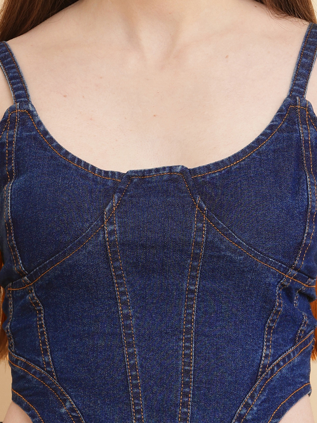 PUELLA Women’s Blue Denim Corset-Style Crop Top with Spaghetti Straps & Back Zipper