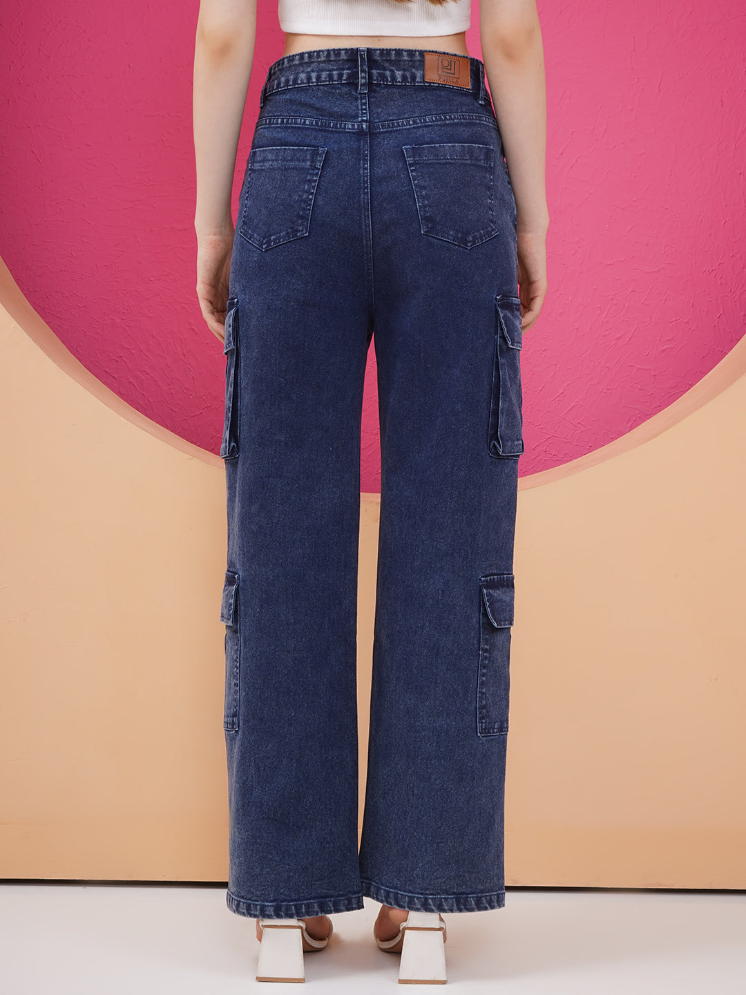 PUELLA Women Dark Blue High-Rise Cargo Wide-Leg Jeans