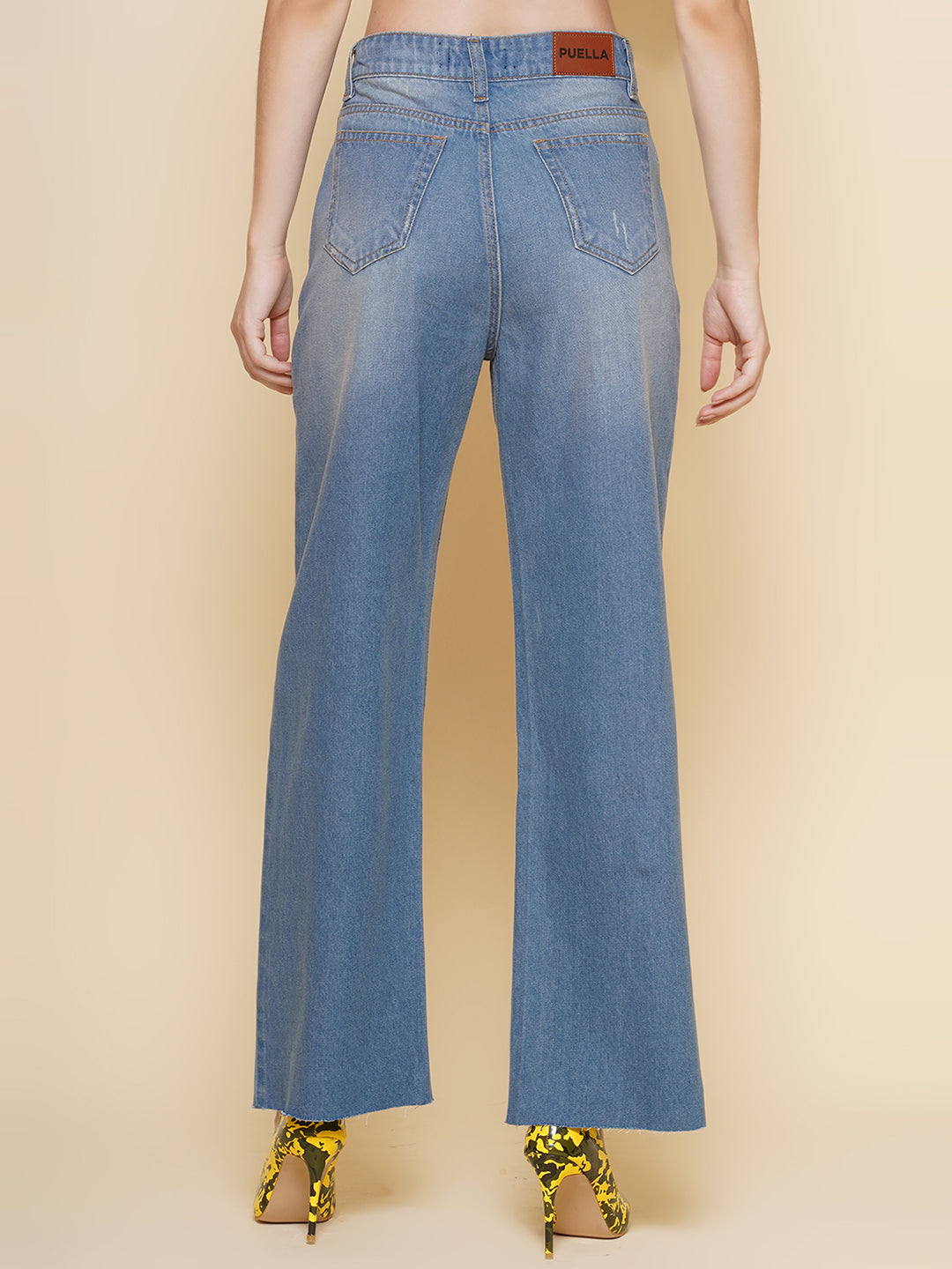 PUELLA Women’s Mid Blue High-Rise Wide-Leg Jeans