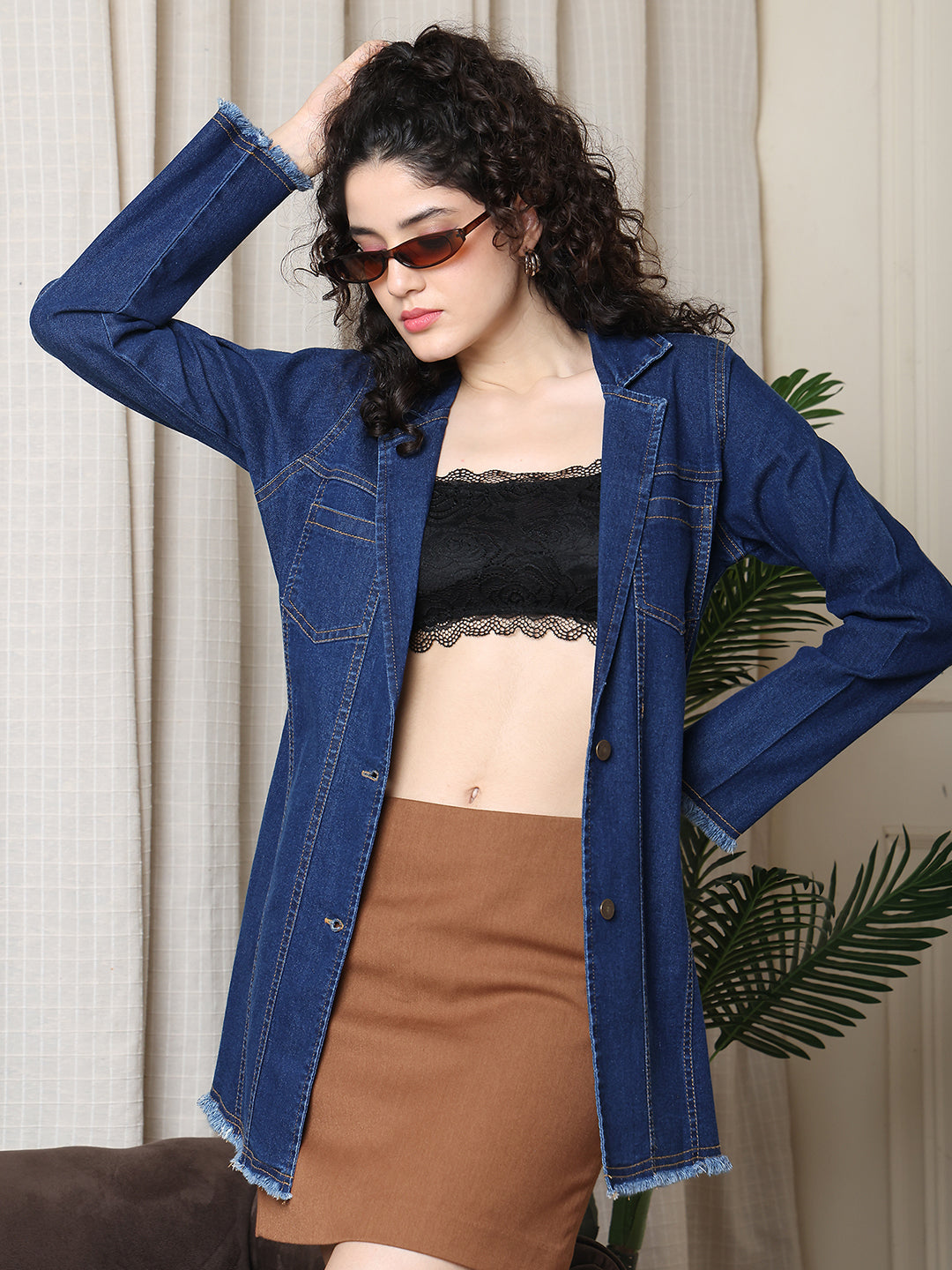 PUELLA Women’s Dark Blue Denim Blazer Style Mini Dress with Long Sleeves