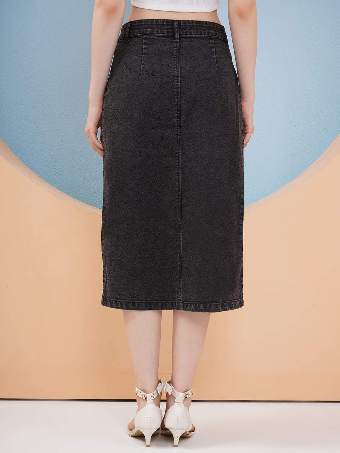 PUELLA Women’s Charcoal Grey Button-Down Denim Midi Skirt