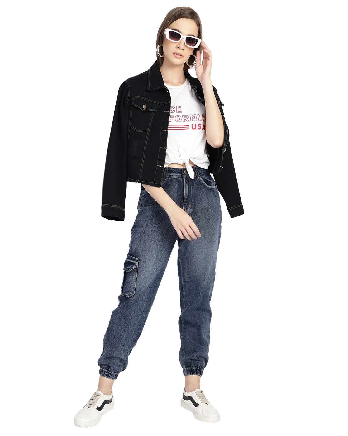 PUELLA Women’s Black Cropped Denim Jacket with Distressed Detailing
