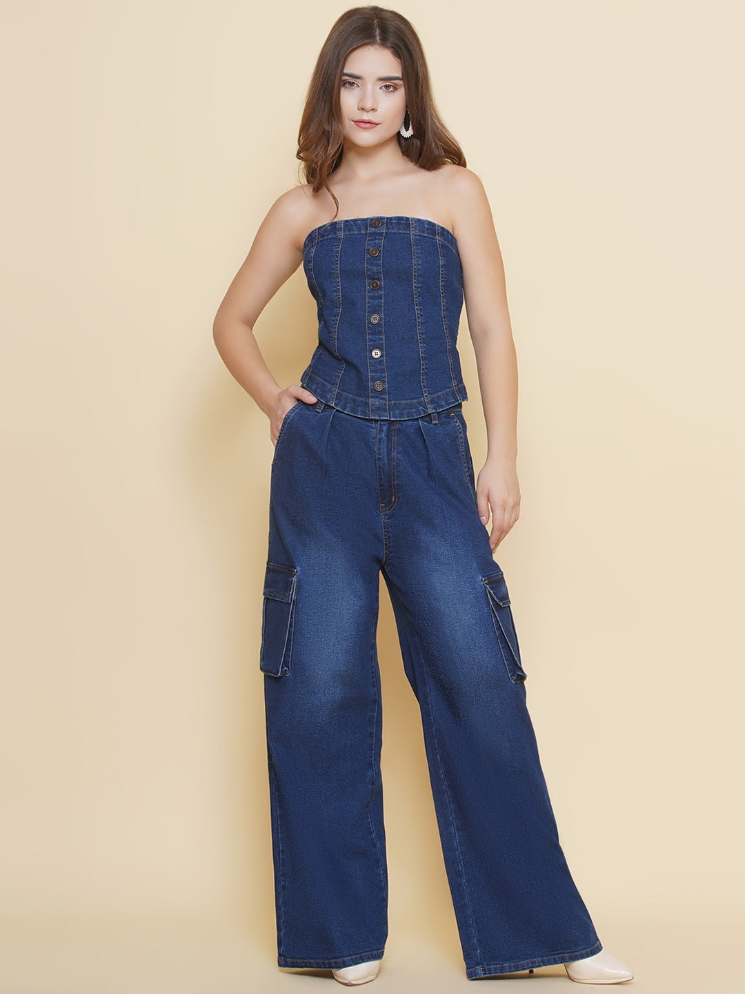 PUELLA Women’s Dark Blue Strapless Denim Tube Top with Front Button Detailing