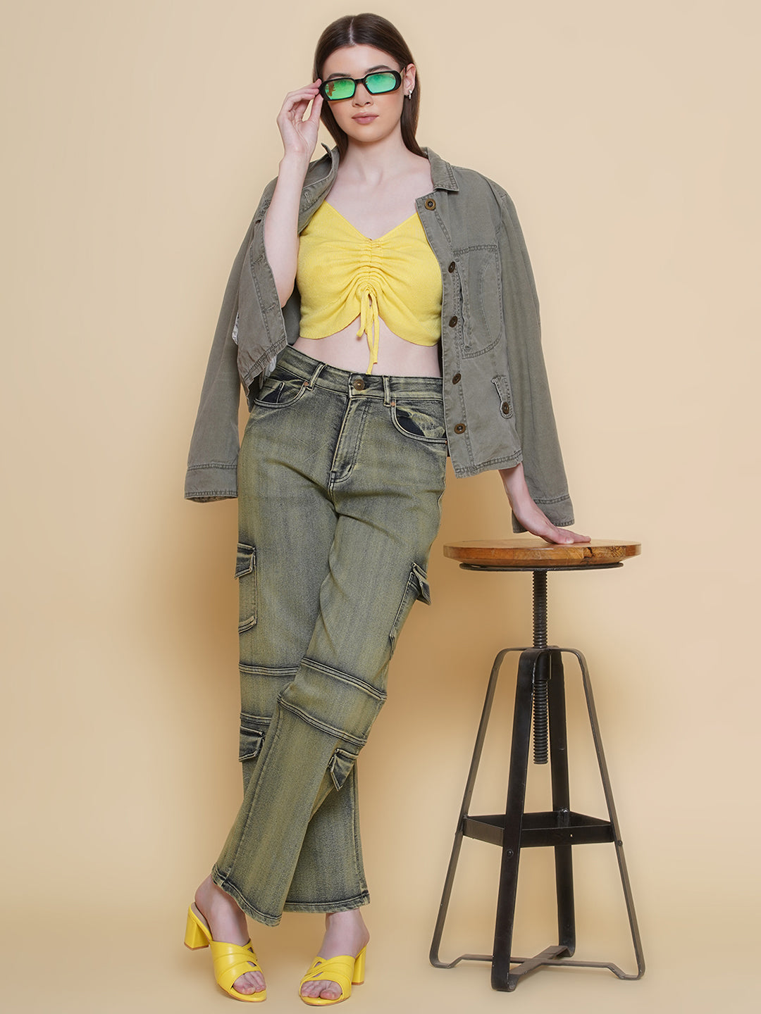 PUELLA Women Olive-Yellow Washed High-Rise Cargo Jeans