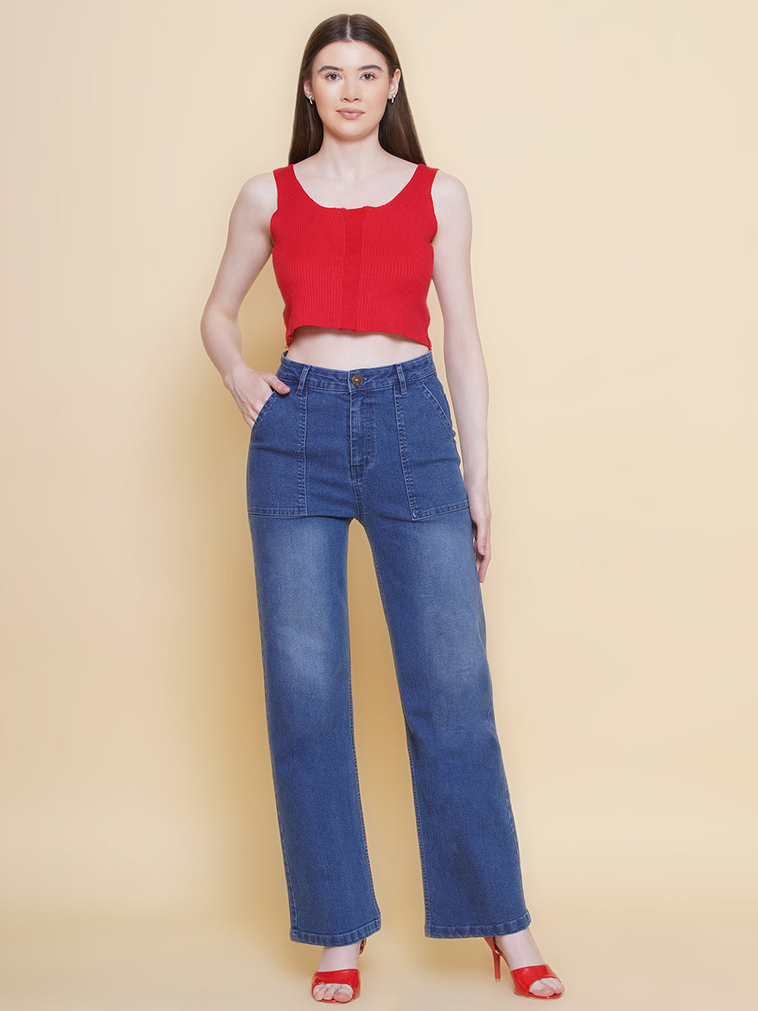 PUELLA Women Mid-Blue High-Rise Straight Fit Utility Jeans