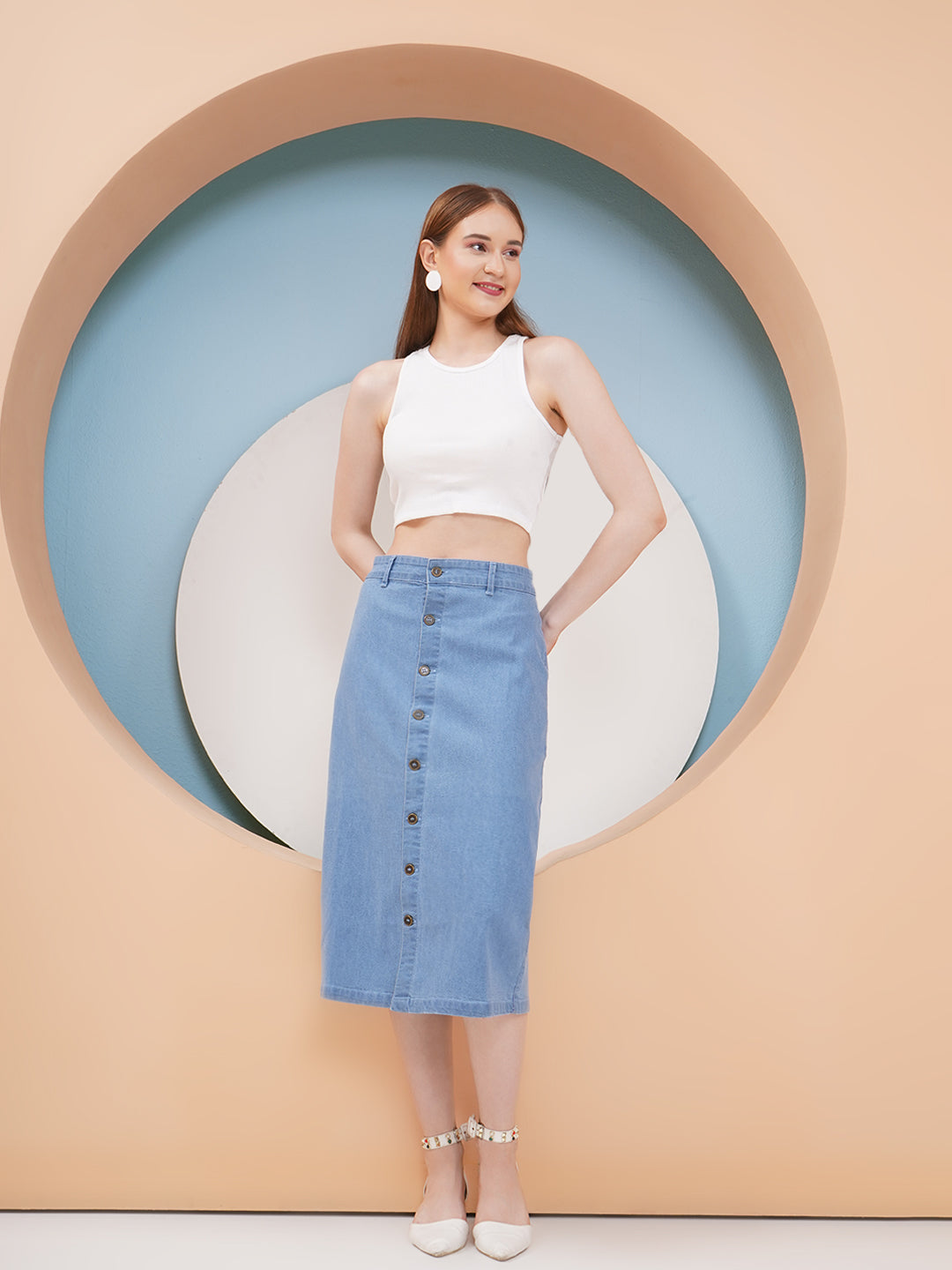 PUELLA Women’s Light Blue Button-Down Denim Midi Skirt