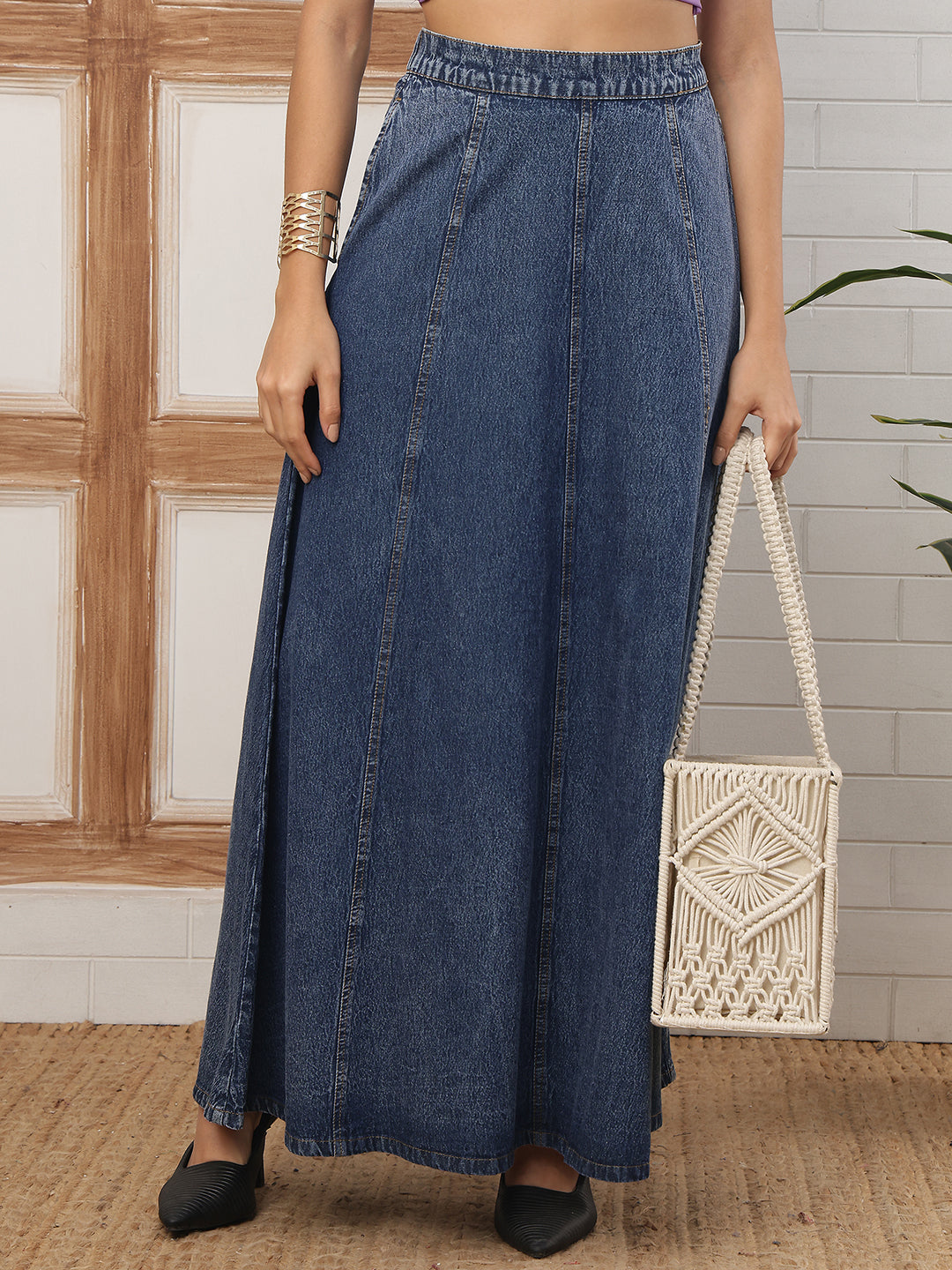 Women’s Indigo Blue Flared Denim Maxi Skirt