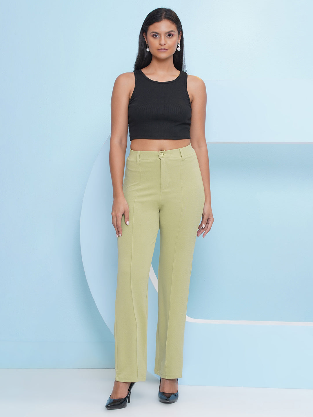 PUELLA Women Light Green High-Rise Straight Fit Trousers