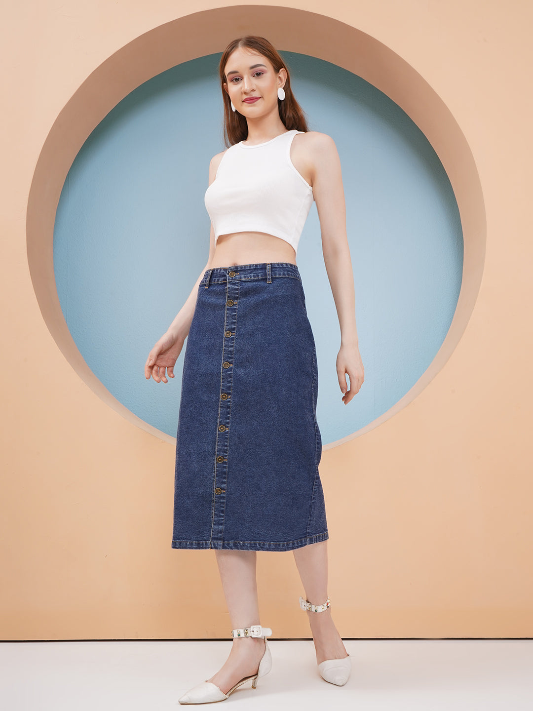 PUELLA Women’s Dark Blue Button-Down Denim Midi Skirt