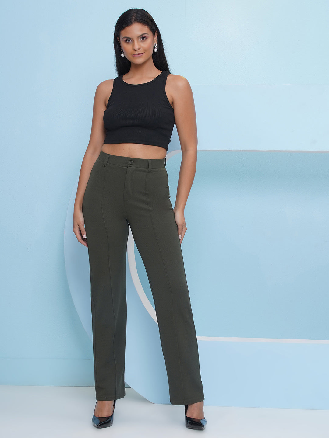 PUELLA Women Dark Green High-Rise Straight Fit Trousers