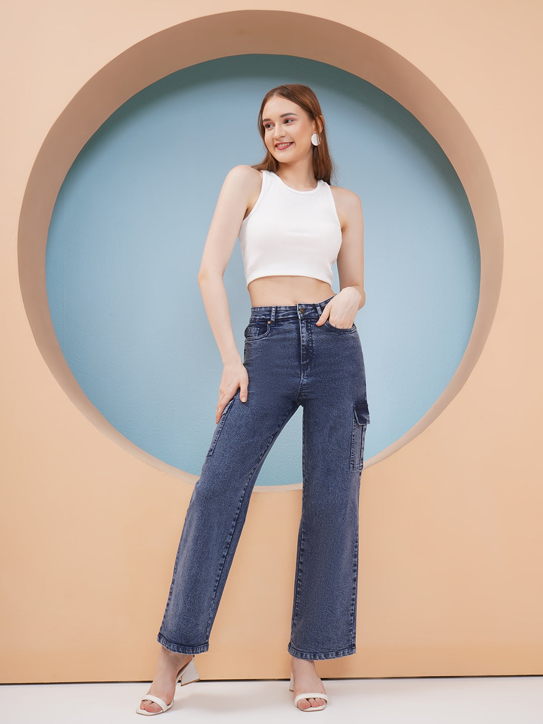 PUELLA Women Dark Blue High-Rise Cargo Wide-Leg Jeans