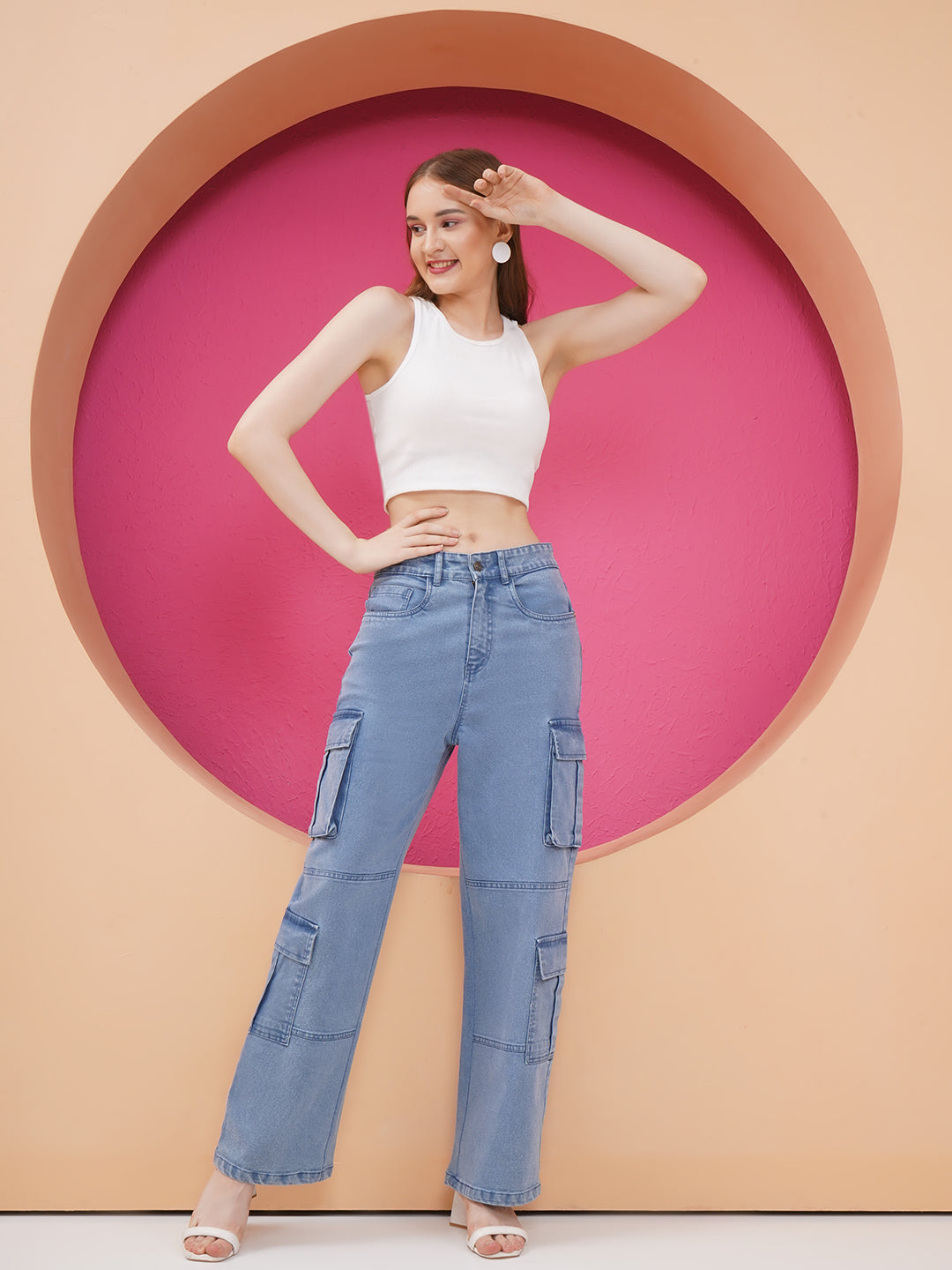 PUELLA Women Light Blue High-Rise Cargo Wide-Leg Jeans