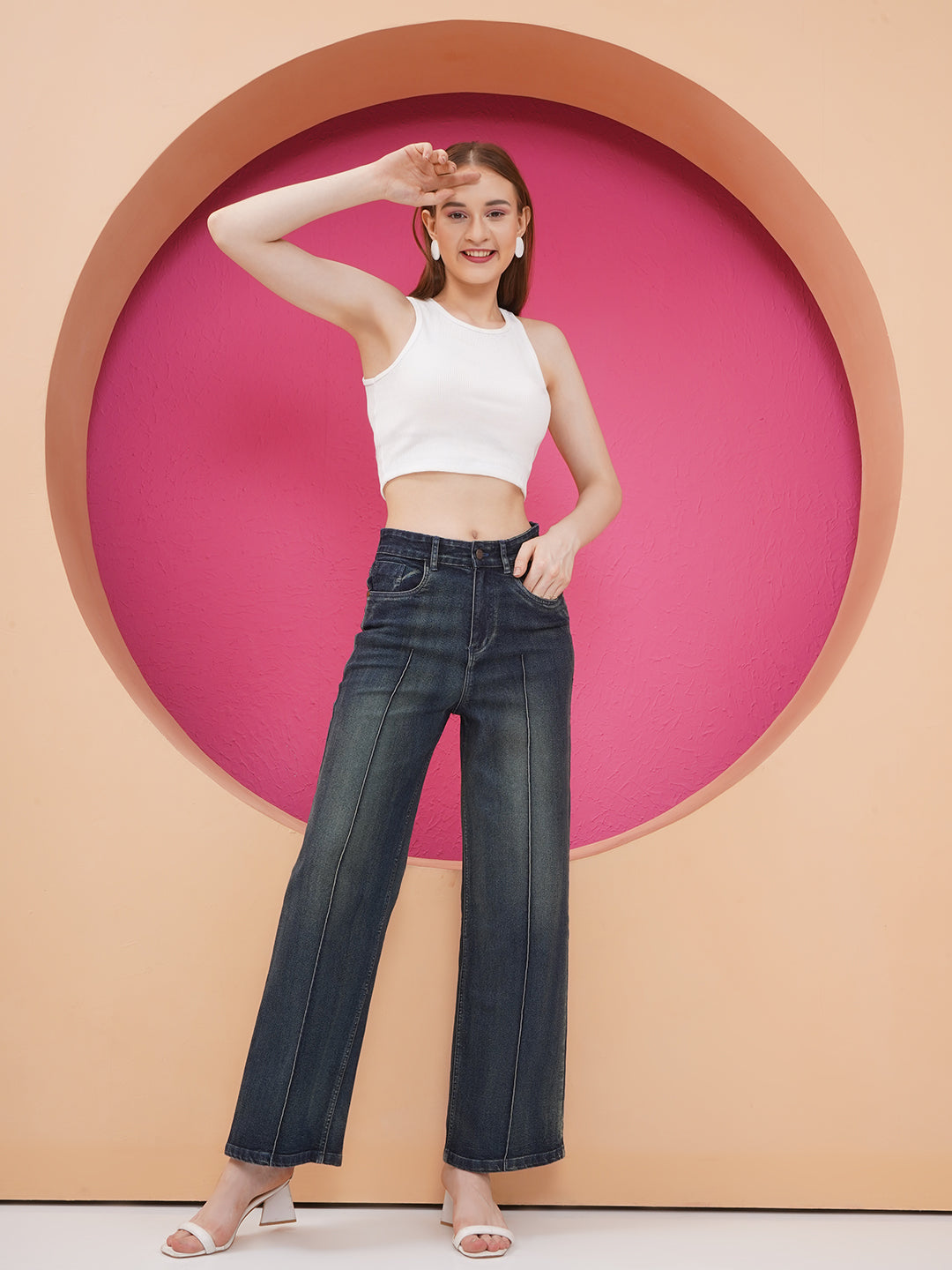 PUELLA Women Dark Indigo High-Rise Wide-Leg Jeans