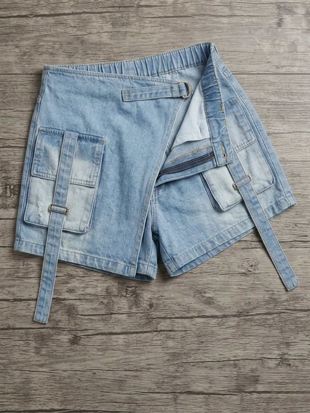 Women’s Blue Wrap-Over Cargo Detail Denim Shorts