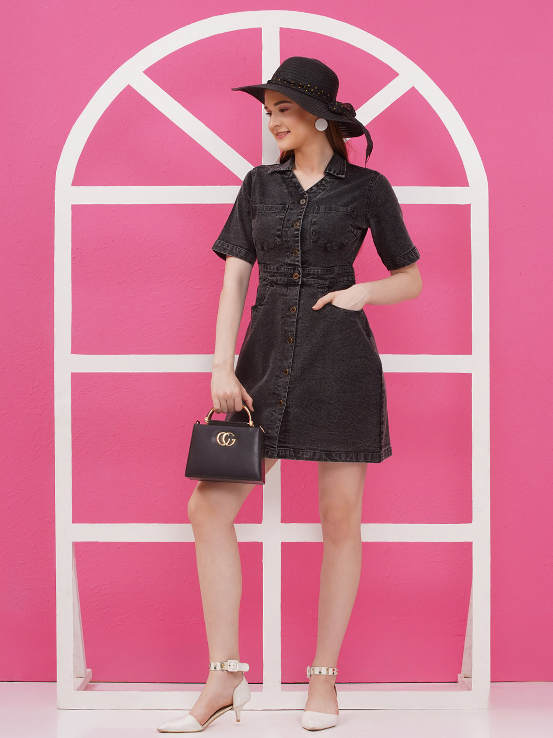 PUELLA Women’s Black Washed Denim Shirt Dress with Button Down & Pockets