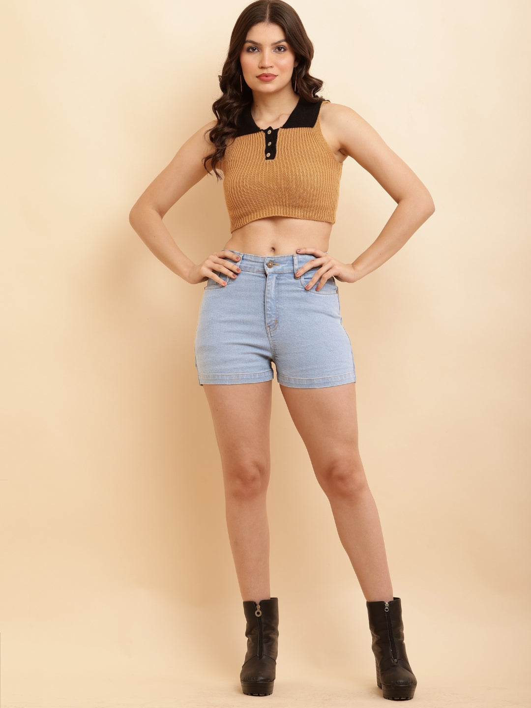 PUELLA Women’s Light Blue High-Rise Slim Fit Denim Shorts