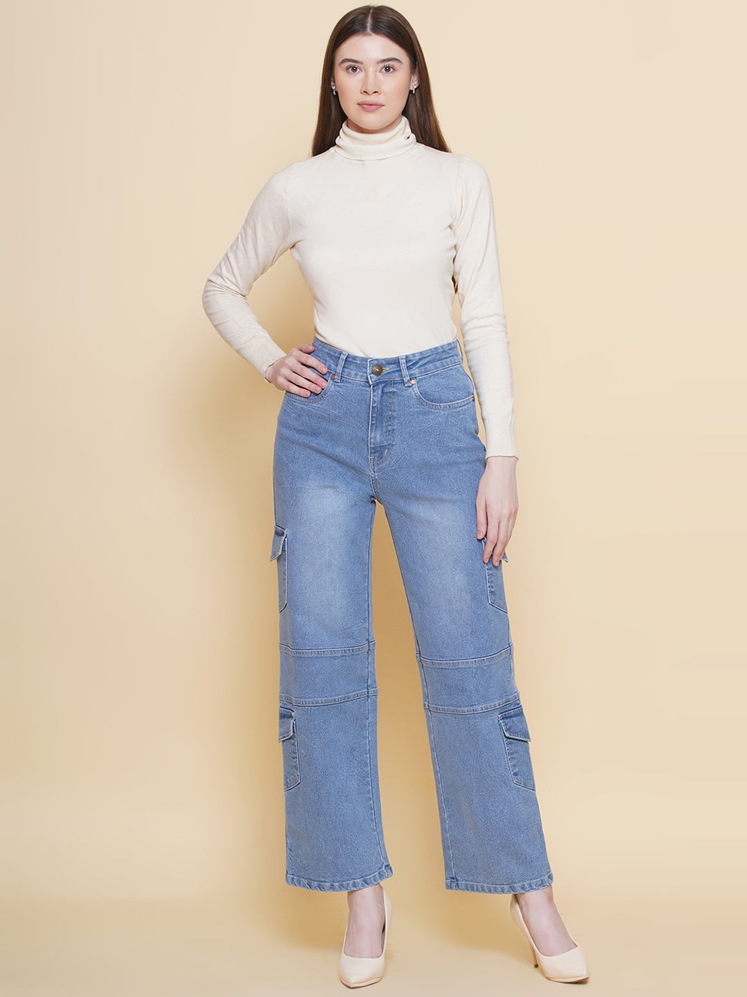 PUELLA Women Light Blue High-Rise Straight Cargo Jeans