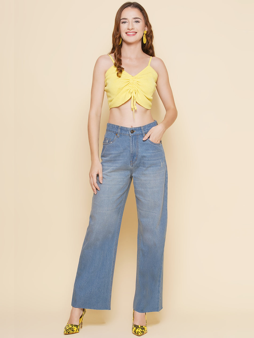 PUELLA Women’s Mid Blue High-Rise Wide-Leg Jeans