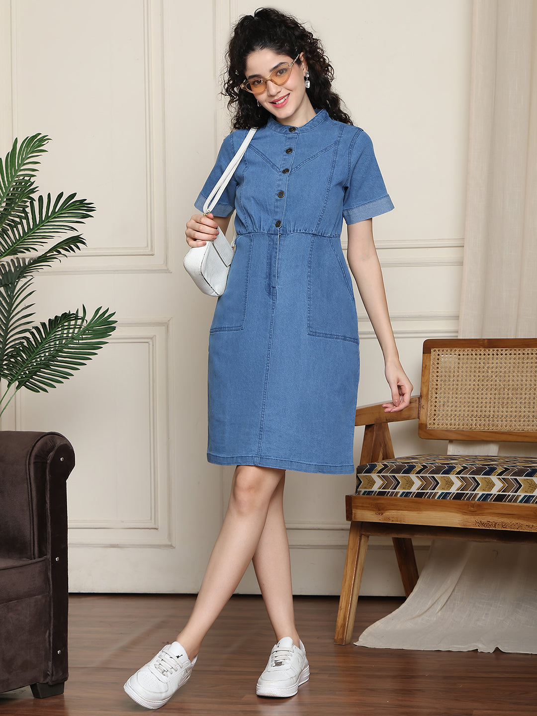 PUELLA Women’s Blue Short Sleeve Denim Shirt Dress