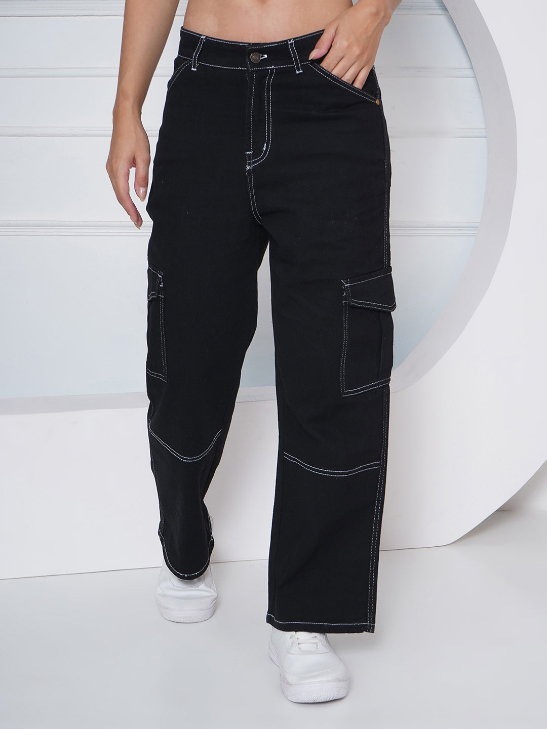 PUELLA Women Black Contrast Stitch Cargo Wide-Leg Jeans