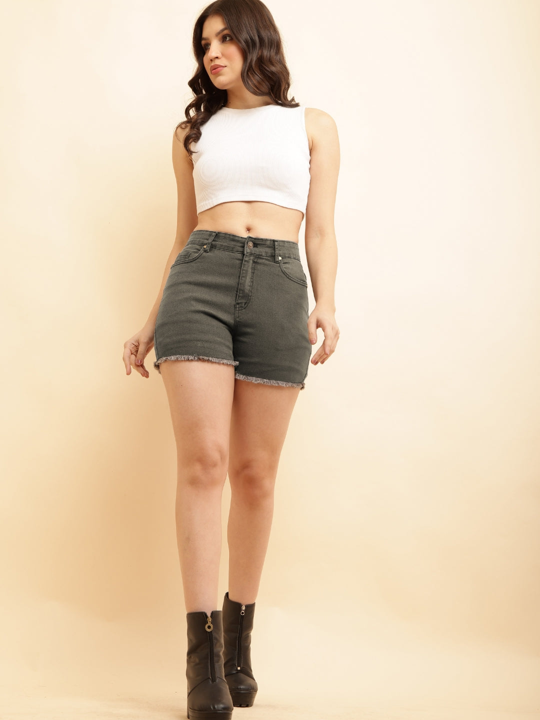 PUELLA Women Grey High-Rise Slim Fit Denim Shorts