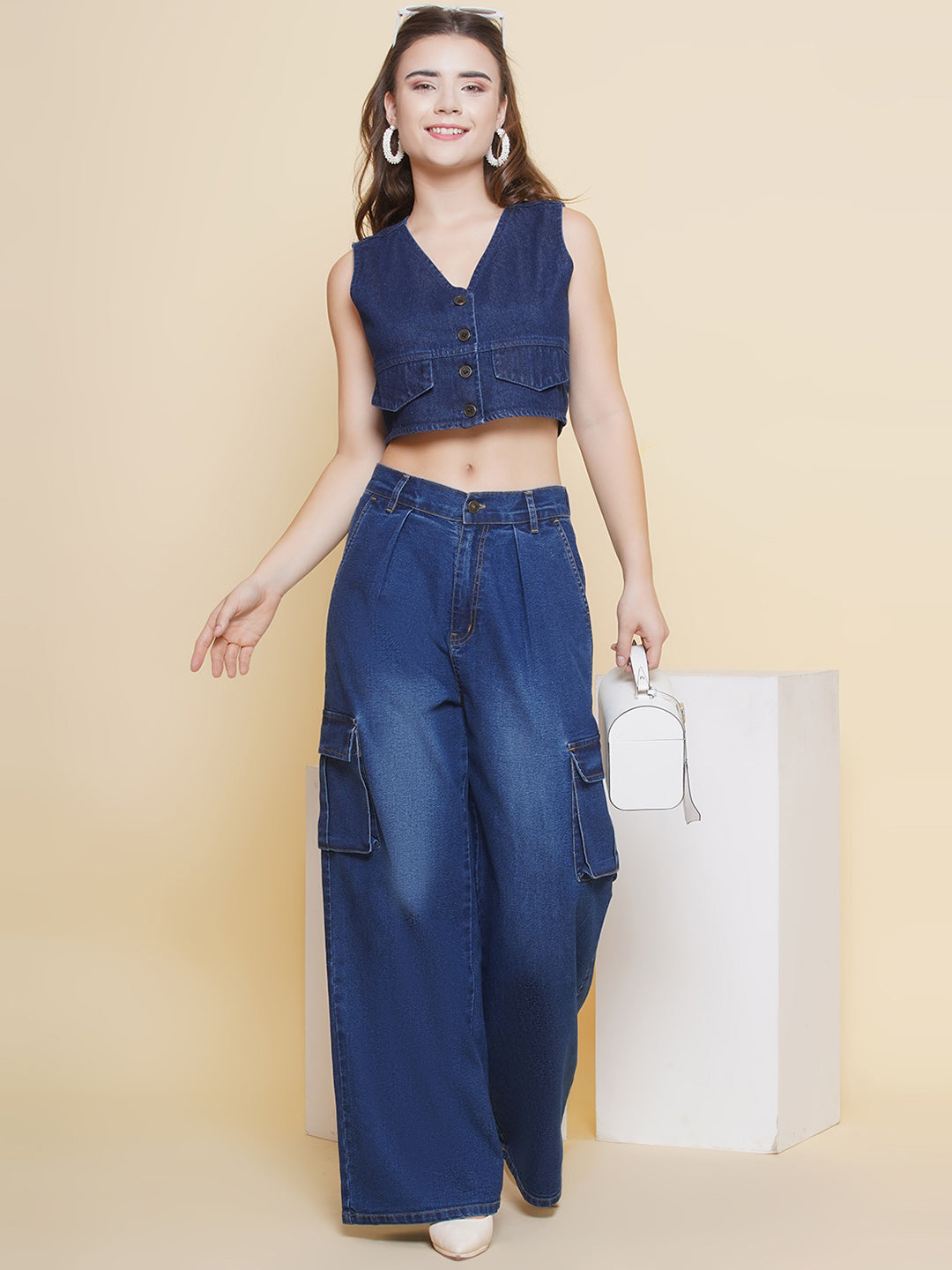 PUELLA Women’s Dark Blue Denim Sleeveless Crop Top with V-Neck & Button Front